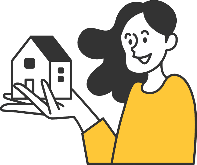 家の模型を手のひらに乗せて微笑む女性のイラスト