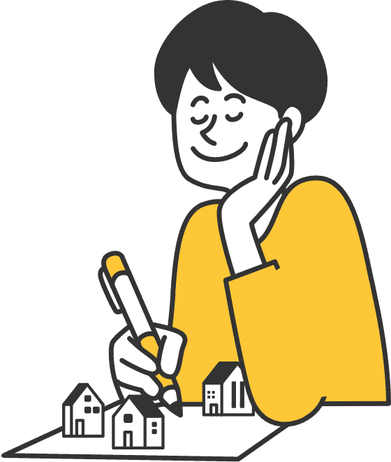 ペンを持ちながら小さな家のミニチュアの前で微笑む人物のイラスト