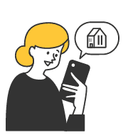 スマートフォンを見ながら家のアイコンが吹き出しに表示されている人物のイラスト