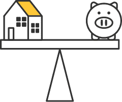 天秤の上に家と貯金箱が乗ったイラスト。住居費用と家計のバランスを表している