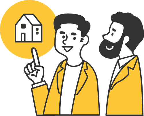 スタッフが家のイラストを指差しながら男性客に物件を紹介しているイラスト